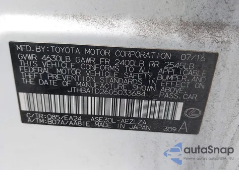 2016 Lexus Is 200T из США, поврежденный, VIN JTHBA1D26G5033684